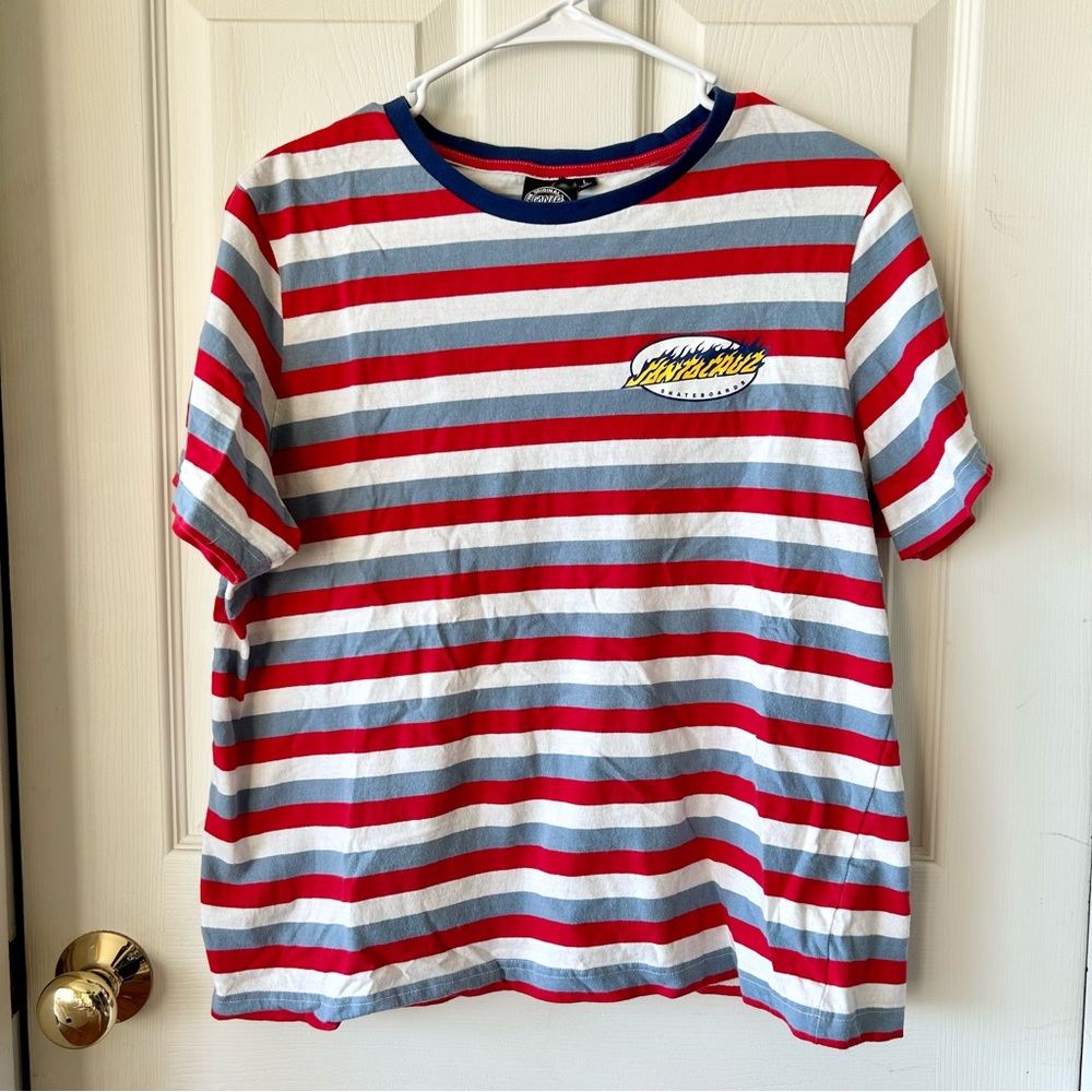 Santa Cruz Oval Flame Dot Blue, Red & White Stripe T-Shirt